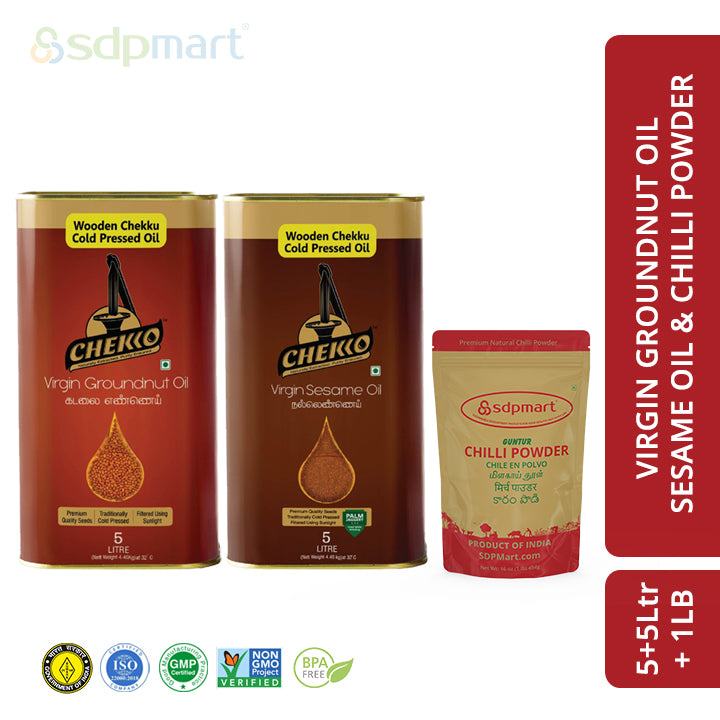 Groundnut Oil 5Ltr + Sesame Oil 5Ltr + Chilli Powder 1Lb Combo Pack - SDPMart