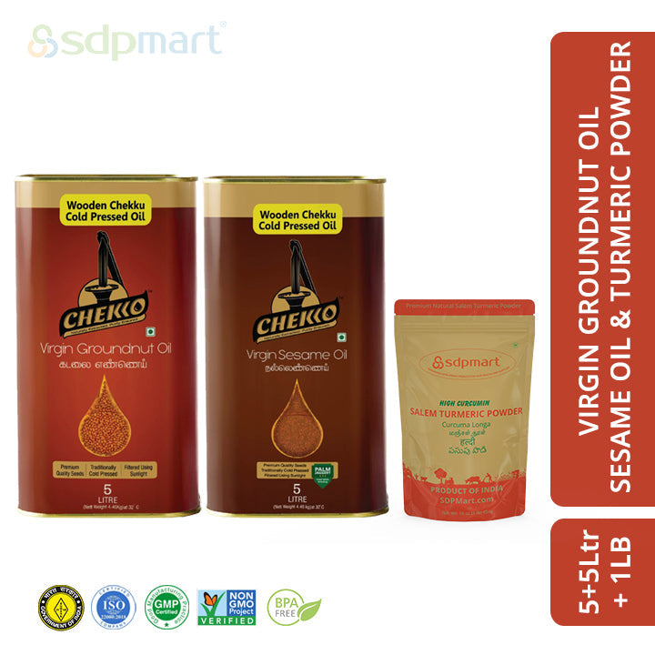 Groundnut Oil 5Ltr + Sesame Oil 5Ltr + Turmeric Powder 1Lb Combo Pack - SDPMart