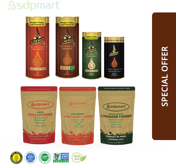 1L Sesame Oil 1 + 1L Peanut Oil 1 + 500ml Coconut Oil 1 + Castor 220ml + Turmeric + Coriander + Chilli - SDPMart